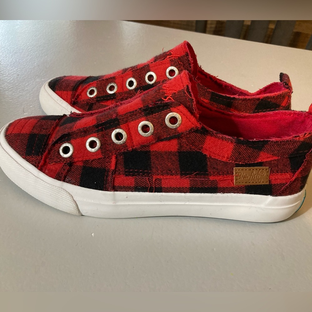 Blowfish Red Buffalo Plaid slide on shoes women size 7.5